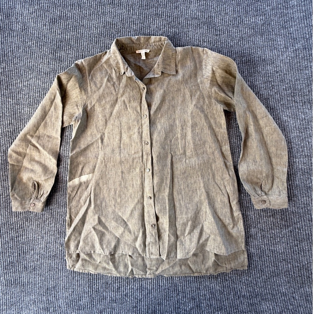 Eileen Fisher Organic Linen Button Down Tunic Shirt Olive Green Small S P